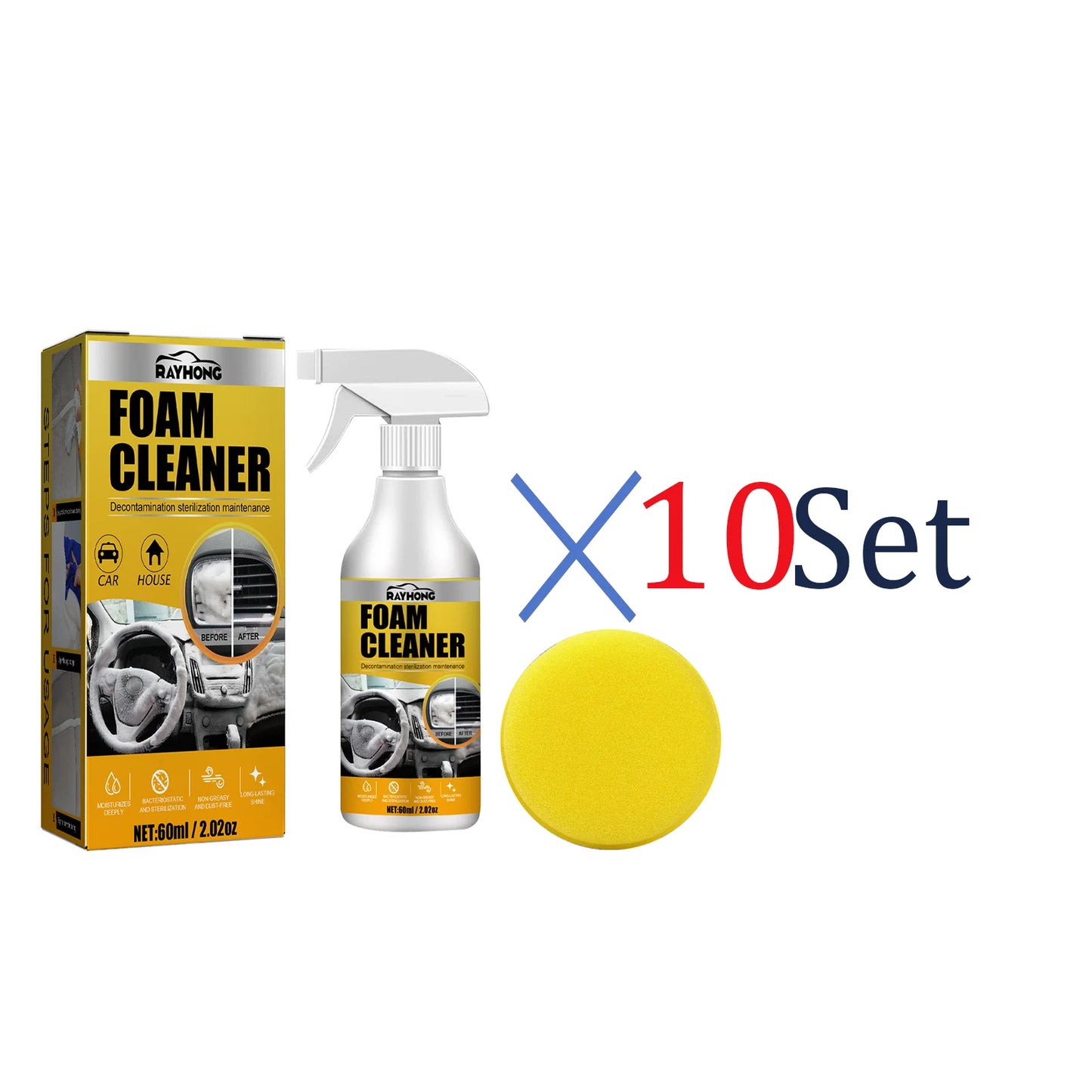 Powerful Car Interior Cleaner Foam Spray - No Rinse Upholstery Cleaner for Seats Dashboard Stain Remover with Sponge Deep Clean