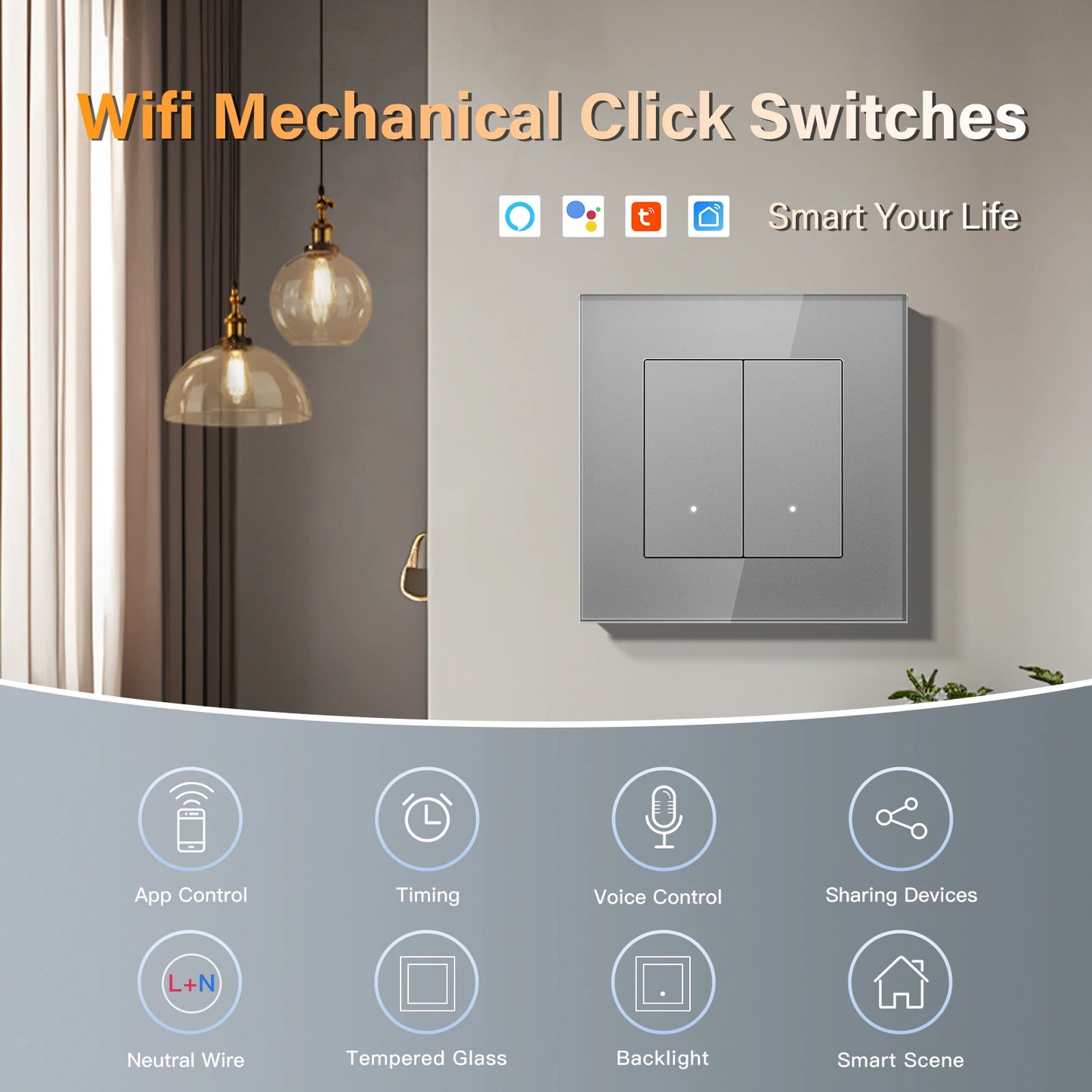 BSEED Tuya Smart WIFI Switch 1/2/3/4Gang 2Way Button Light Switch Smart Life Control Support Alexa Google Home Need Neutral Wire
