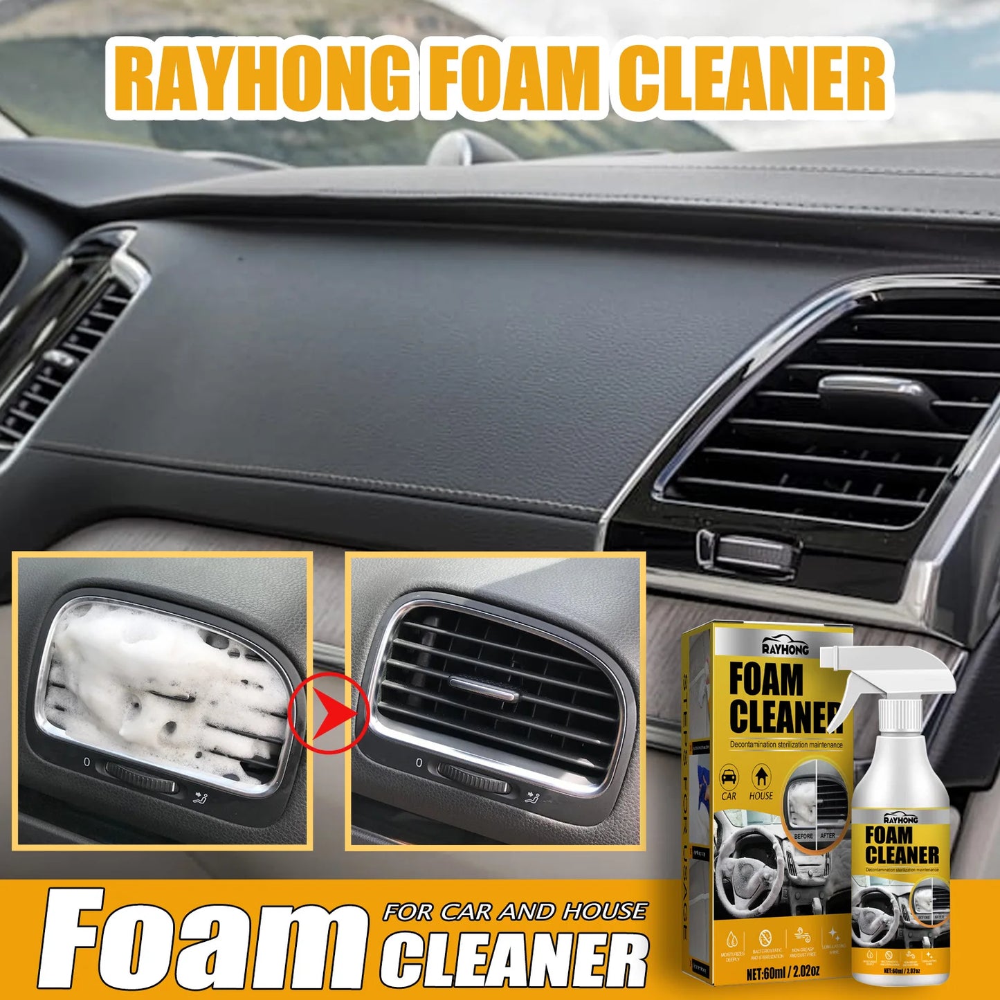 Powerful Car Interior Cleaner Foam Spray - No Rinse Upholstery Cleaner for Seats Dashboard Stain Remover with Sponge Deep Clean