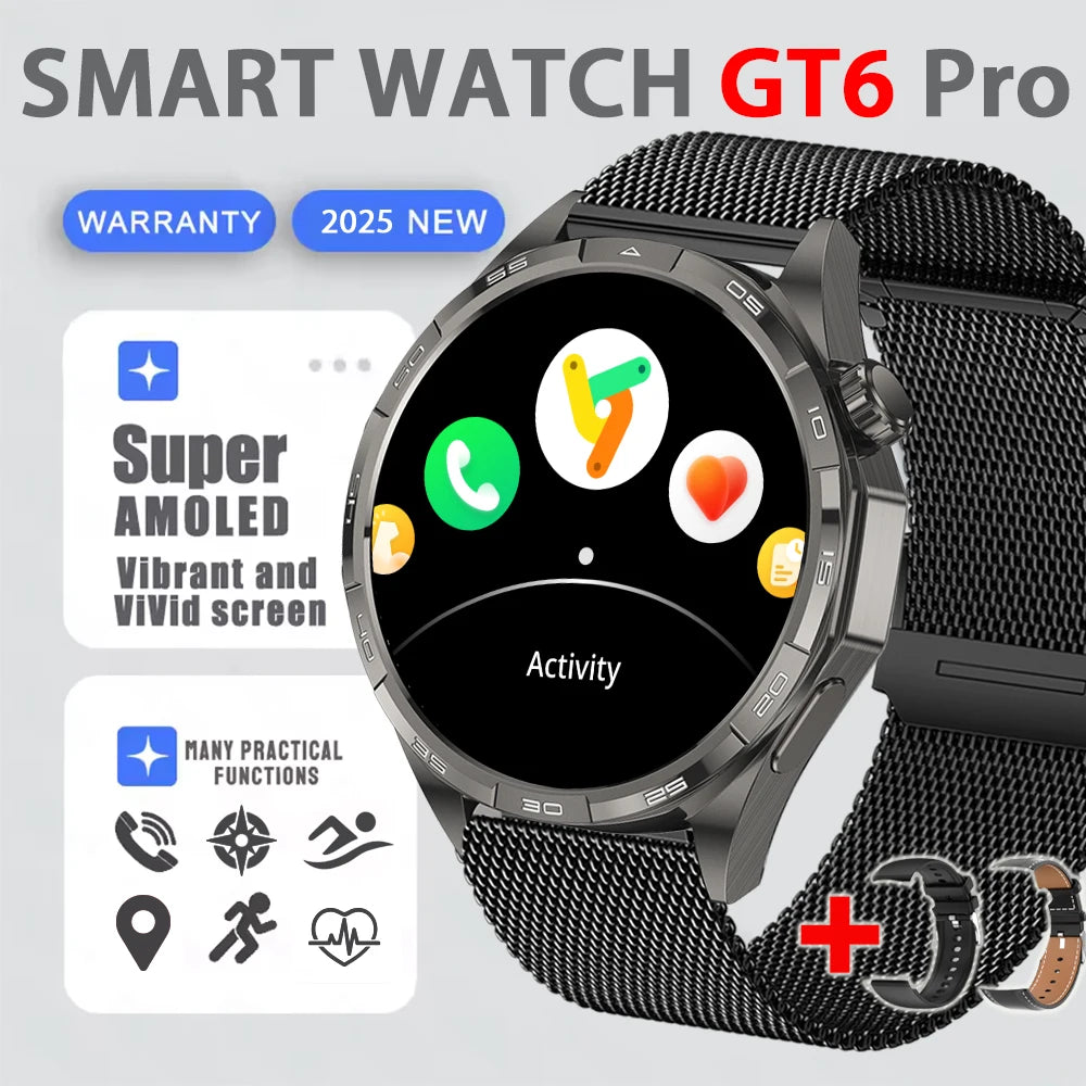 2025 New Watch 6 GT Series Smart Watch Men AMOLED Screen Heart Rate Health Monitoring Bluetooth Call Business Smartwatch Man