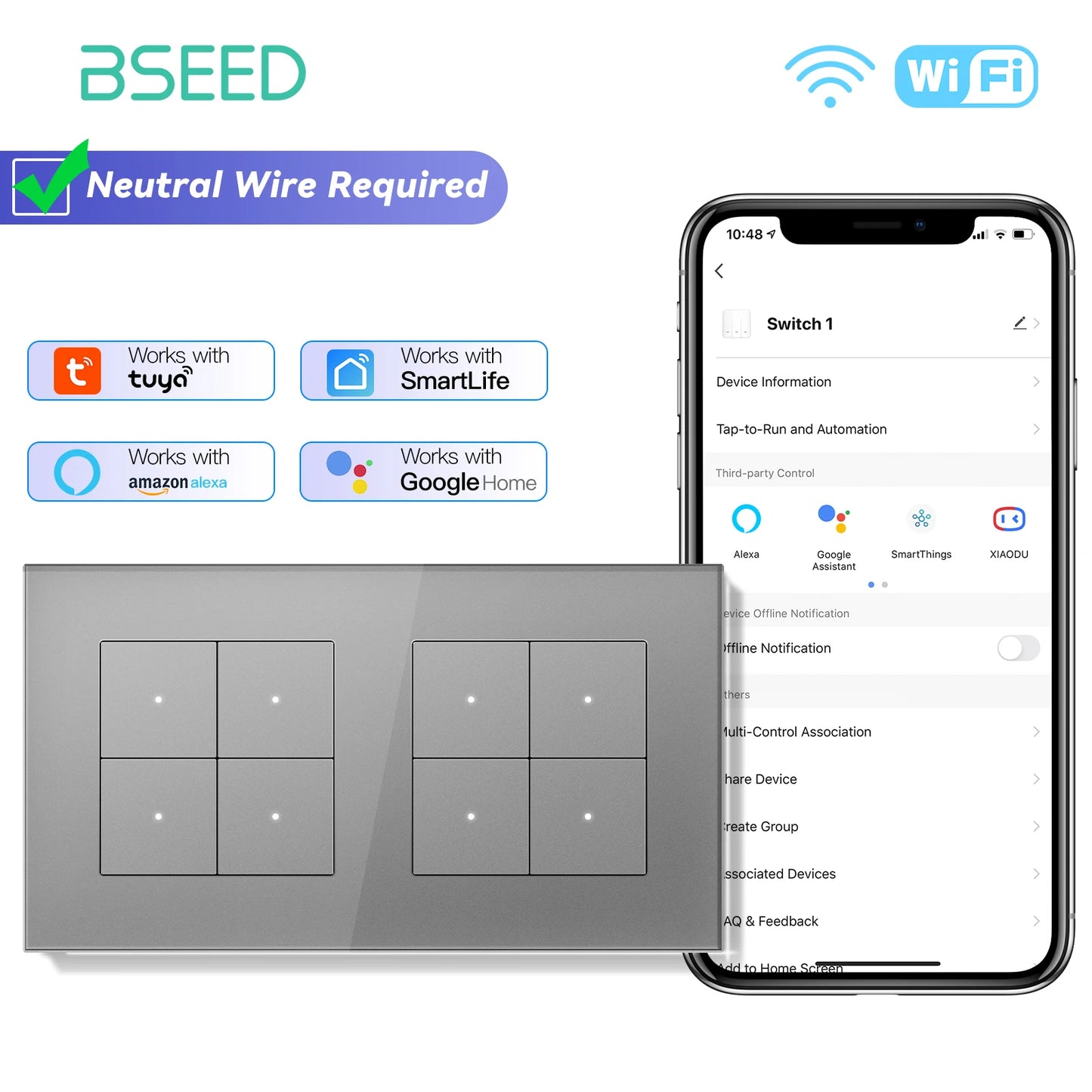 BSEED Tuya Smart WIFI Switch 1/2/3/4Gang 2Way Button Light Switch Smart Life Control Support Alexa Google Home Need Neutral Wire