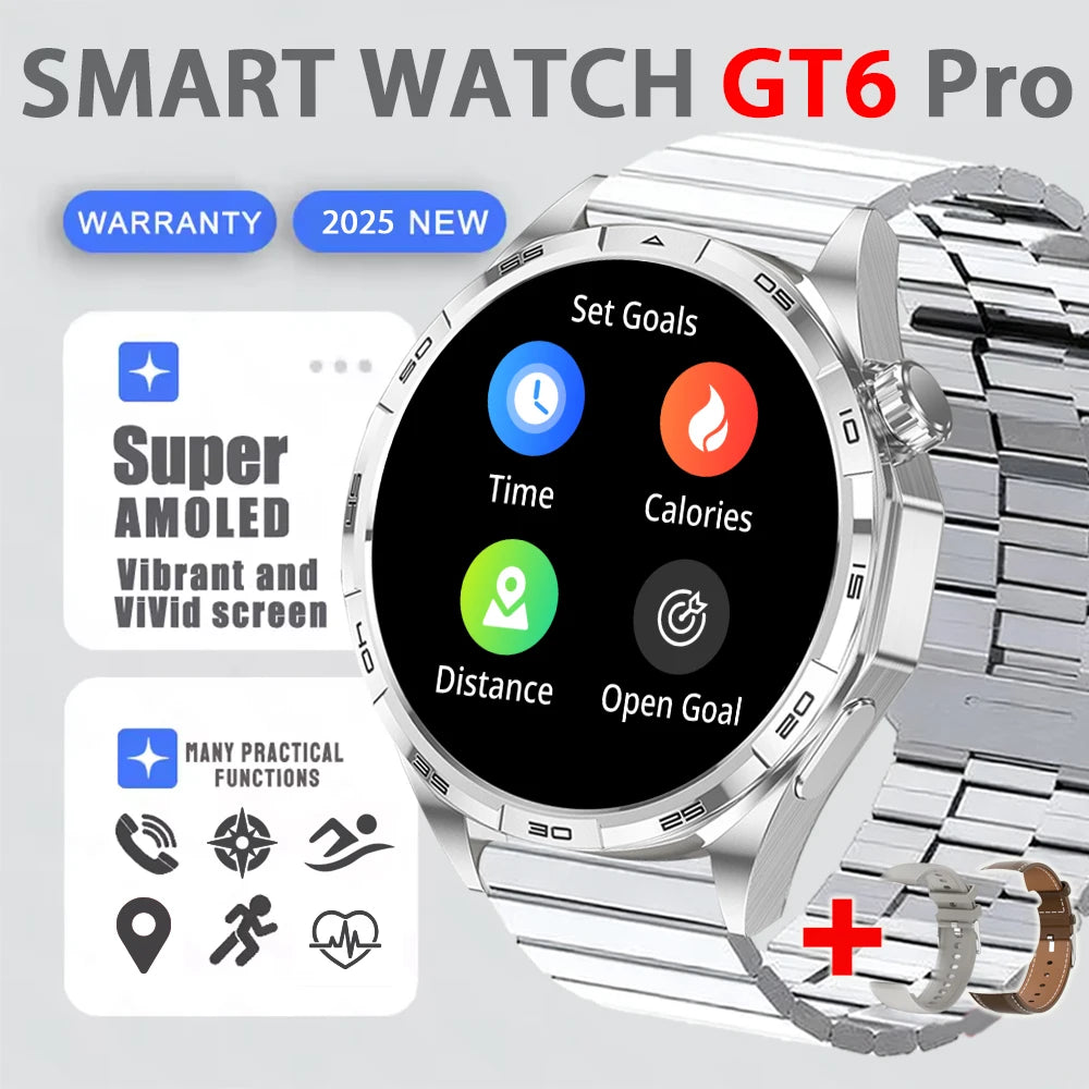 2025 New Watch 6 GT Series Smart Watch Men AMOLED Screen Heart Rate Health Monitoring Bluetooth Call Business Smartwatch Man