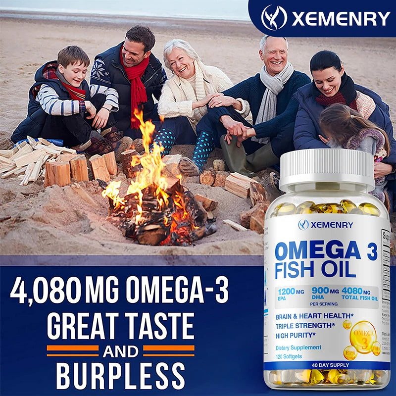 Omega-3 Fish Oil - Rich in Omega-3 Fatty Acids, EPA, DHA - Good for Heart, Brain, Eyes, Immune Health