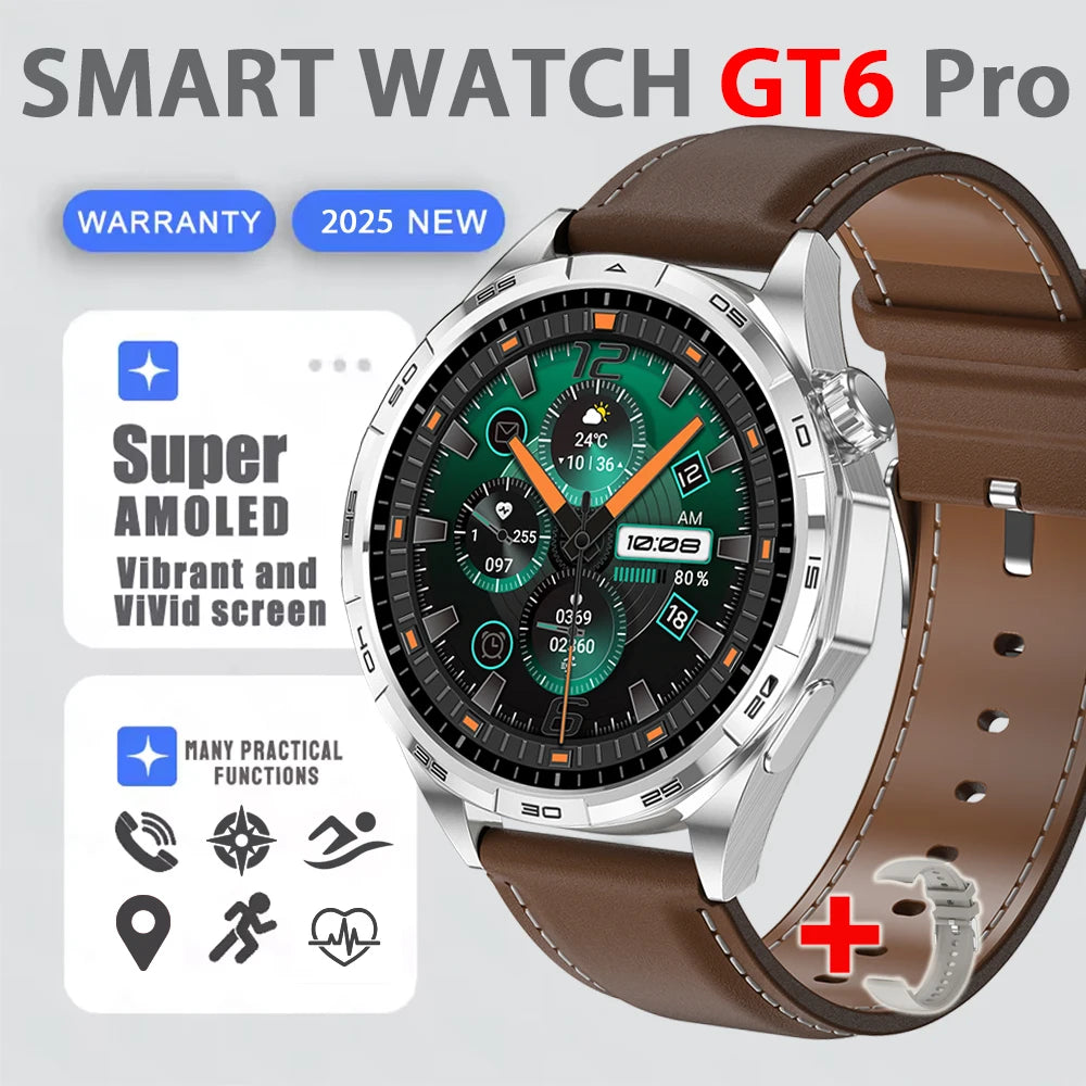 2025 New Watch 6 GT Series Smart Watch Men AMOLED Screen Heart Rate Health Monitoring Bluetooth Call Business Smartwatch Man