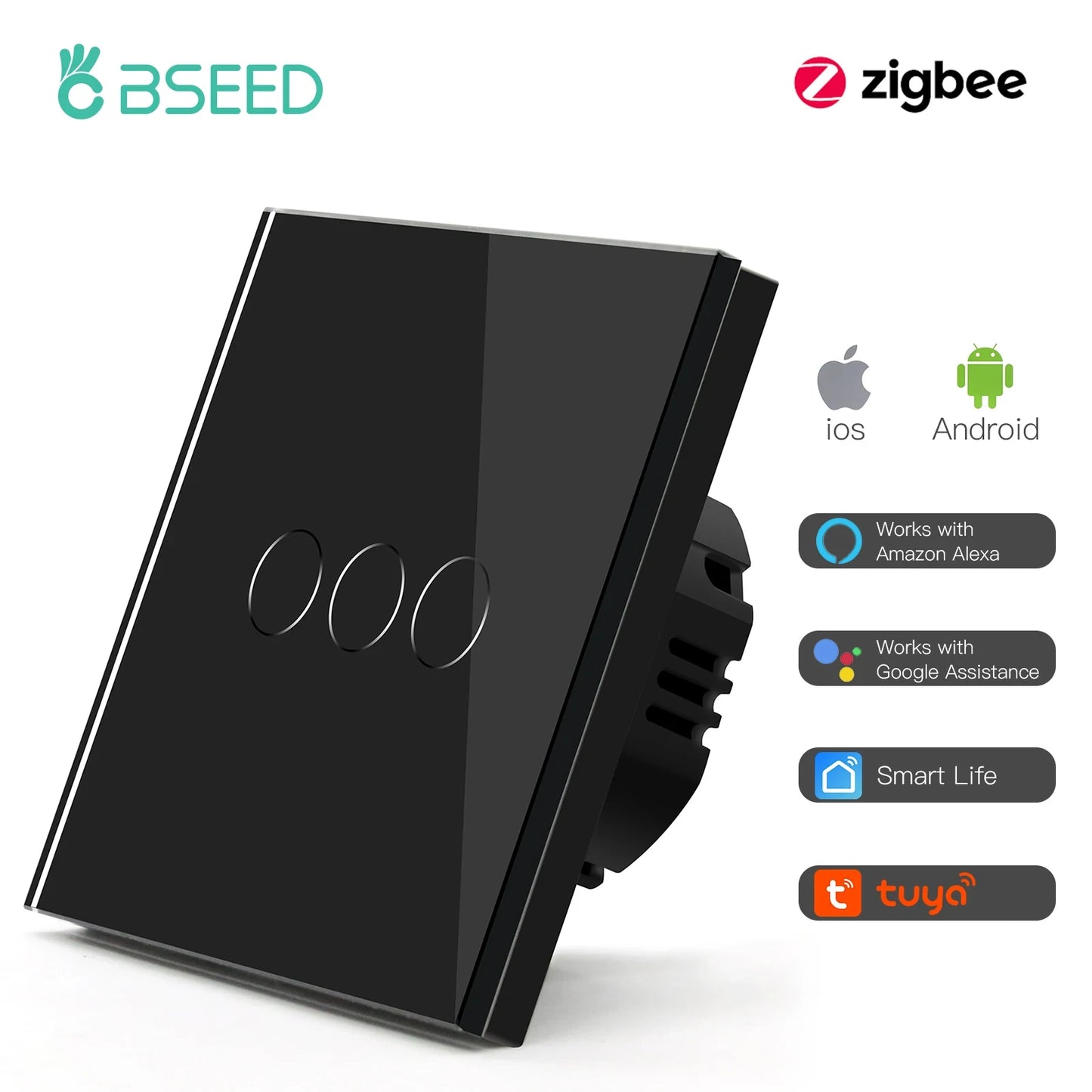 BSEED Zigbee 1/2/3Gang Touch Switches Smart Wall Light Switch Tuya Google Smart Life Alexa App Control Glass Panel No Neutral