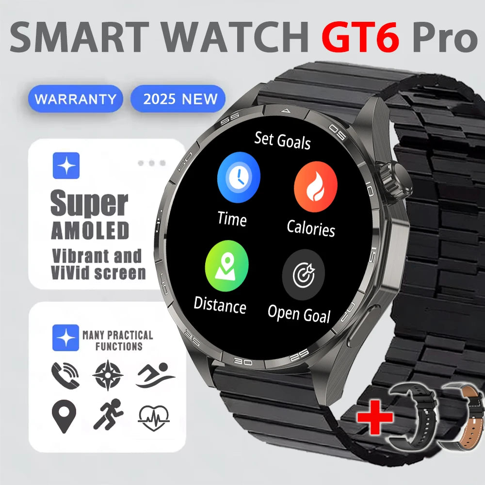 2025 New Watch 6 GT Series Smart Watch Men AMOLED Screen Heart Rate Health Monitoring Bluetooth Call Business Smartwatch Man