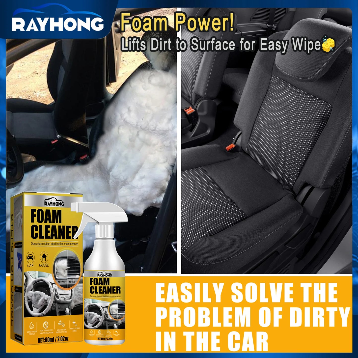 Powerful Car Interior Cleaner Foam Spray - No Rinse Upholstery Cleaner for Seats Dashboard Stain Remover with Sponge Deep Clean