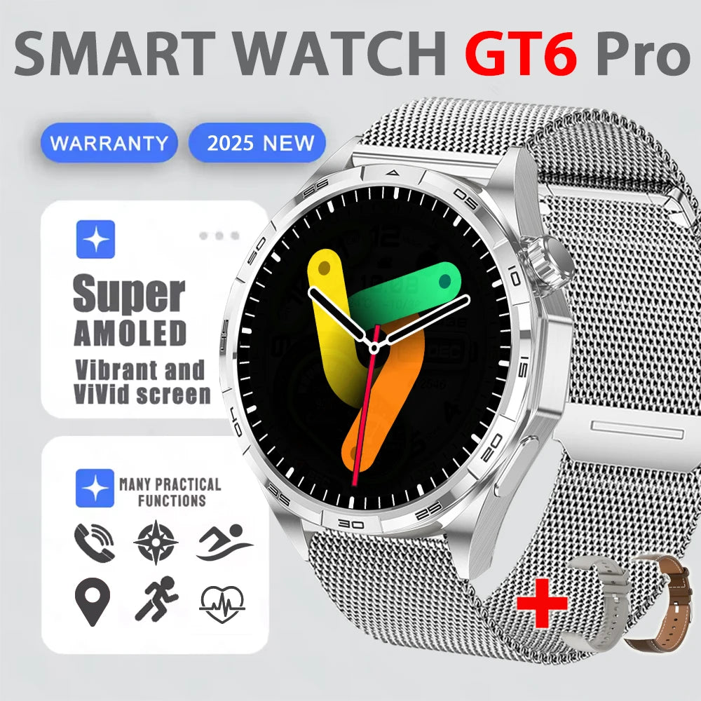 2025 New Watch 6 GT Series Smart Watch Men AMOLED Screen Heart Rate Health Monitoring Bluetooth Call Business Smartwatch Man