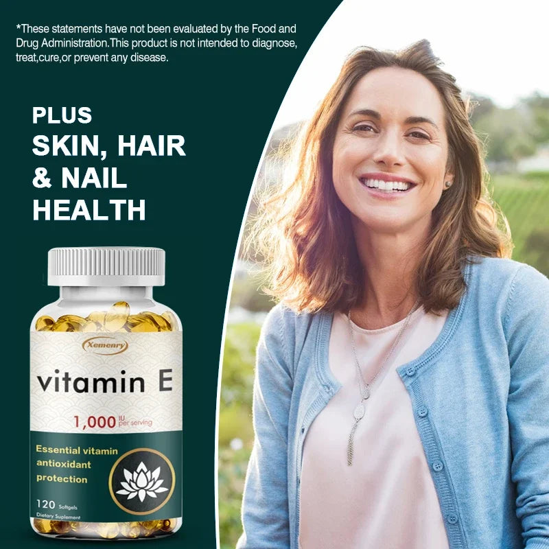 Vitamin E 1000IU Capsules - for Antioxidant, Skin, Cellular Respiration and Cardiovascular Health Support - 120 Capsules