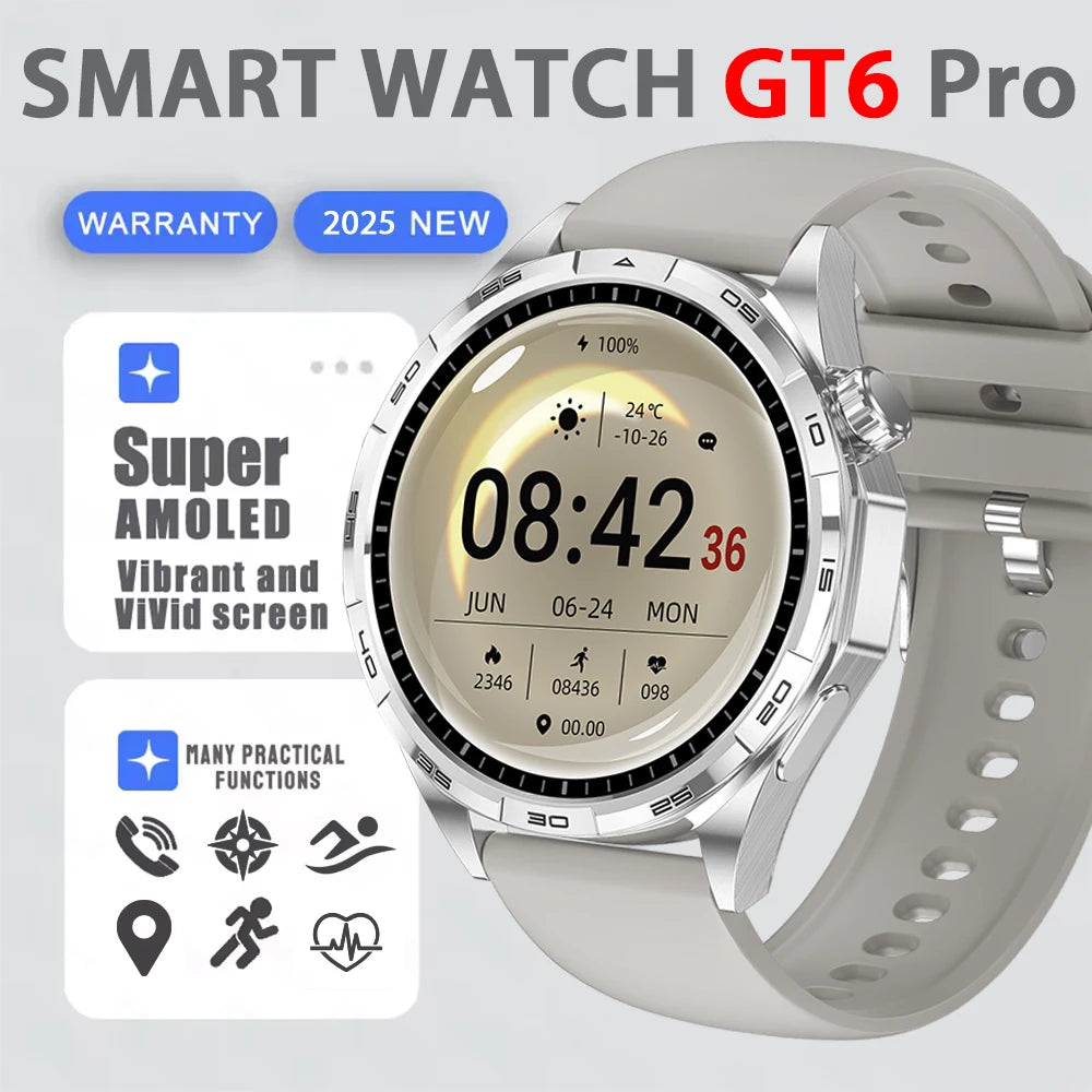 2025 New Watch 6 GT Series Smart Watch Men AMOLED Screen Heart Rate Health Monitoring Bluetooth Call Business Smartwatch Man