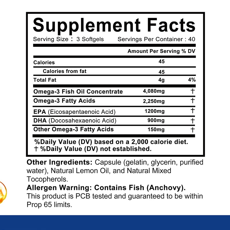 Omega-3 Fish Oil - Rich in Omega-3 Fatty Acids, EPA, DHA - Good for Heart, Brain, Eyes, Immune Health