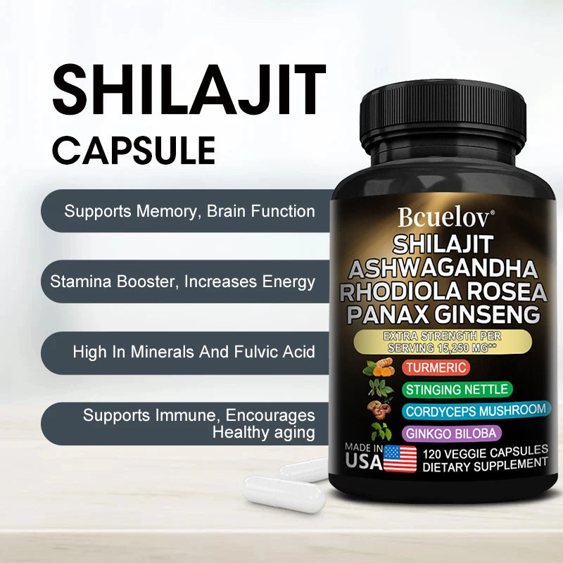 8-in-1 Shilajit Pure Himalaya Capsules with Ashwagandha, Rhodiola, and Panax Ginseng To Support Brain, Joint, and Immune Health