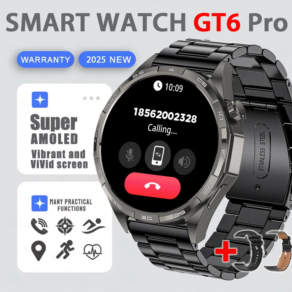 2025 New Watch 6 GT Series Smart Watch Men AMOLED Screen Heart Rate Health Monitoring Bluetooth Call Business Smartwatch Man