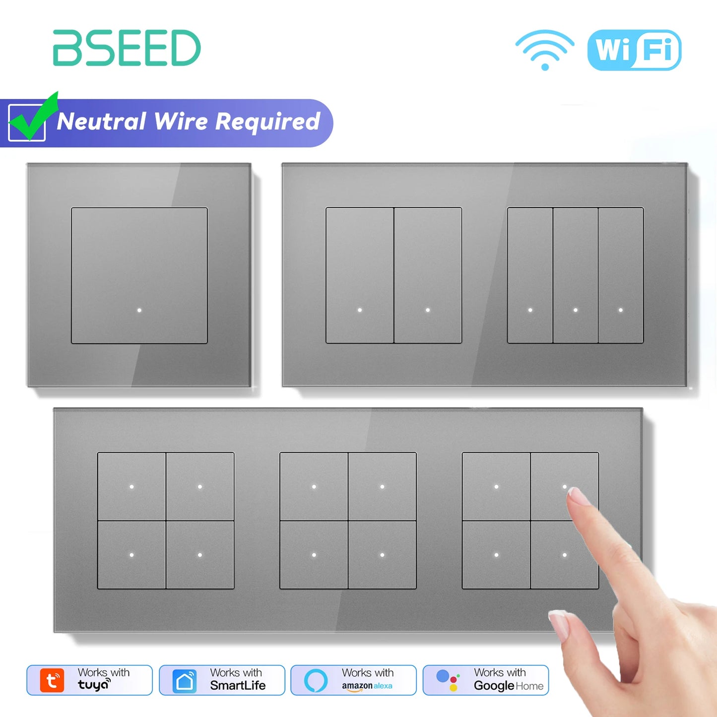 BSEED Tuya Smart WIFI Switch 1/2/3/4Gang 2Way Button Light Switch Smart Life Control Support Alexa Google Home Need Neutral Wire