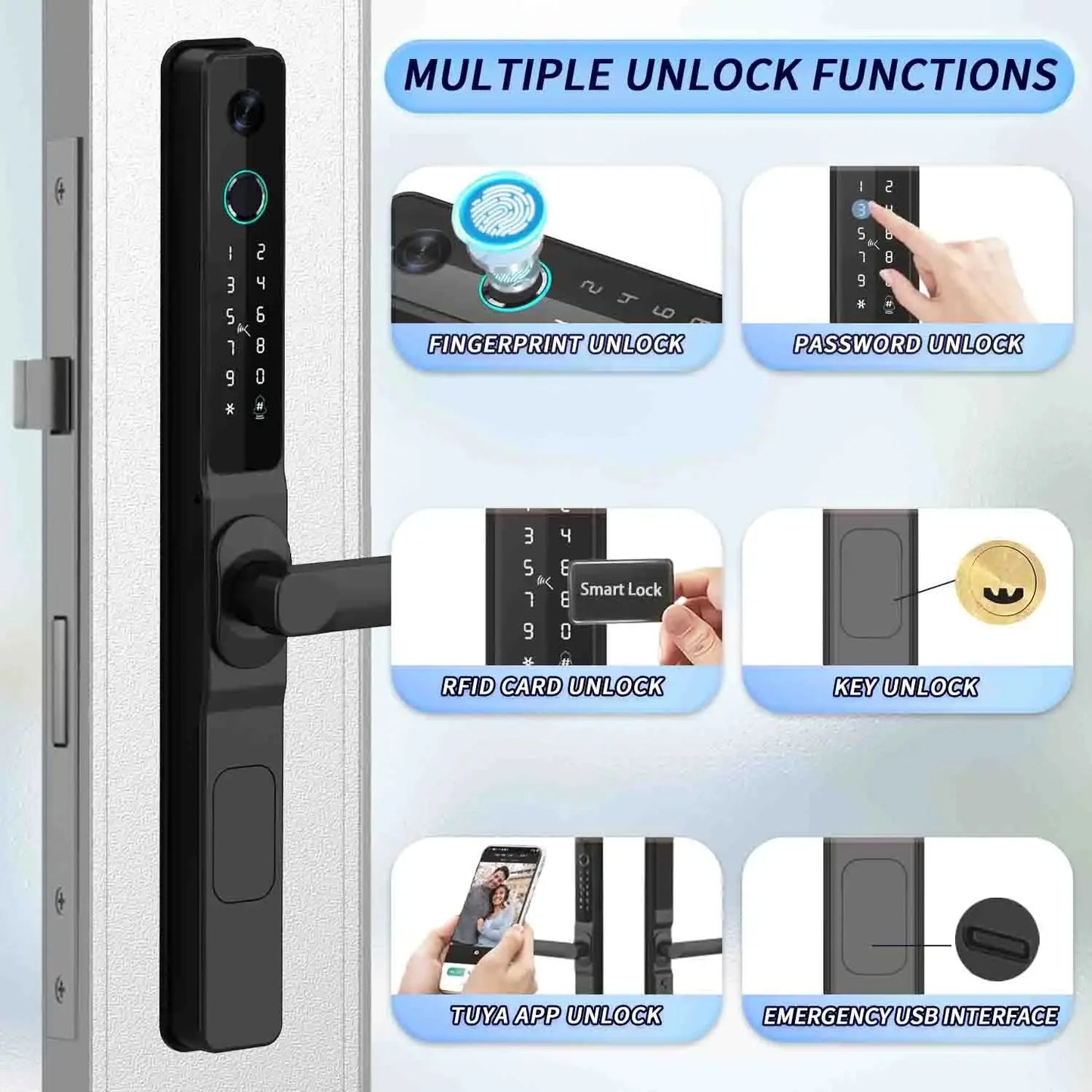 Waterproof Camera Outdoor Fingerprint Lock TUYA WIFI APP RFID Card Code Keyless Smart Electronic Door Lock Aluminum/Glass Slidin