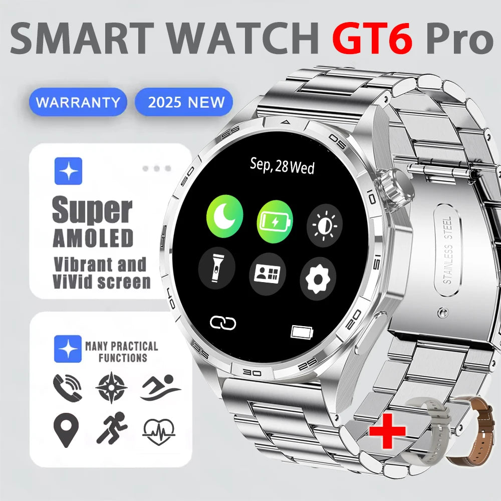 2025 New Watch 6 GT Series Smart Watch Men AMOLED Screen Heart Rate Health Monitoring Bluetooth Call Business Smartwatch Man