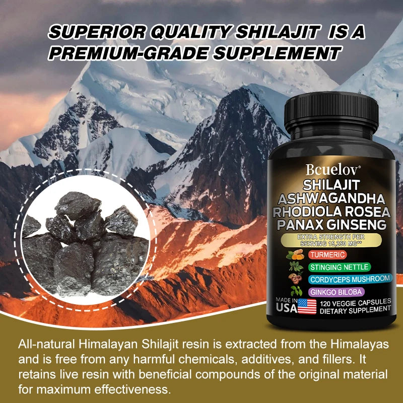 8-in-1 Shilajit Pure Himalaya Capsules with Ashwagandha, Rhodiola, and Panax Ginseng To Support Brain, Joint, and Immune Health