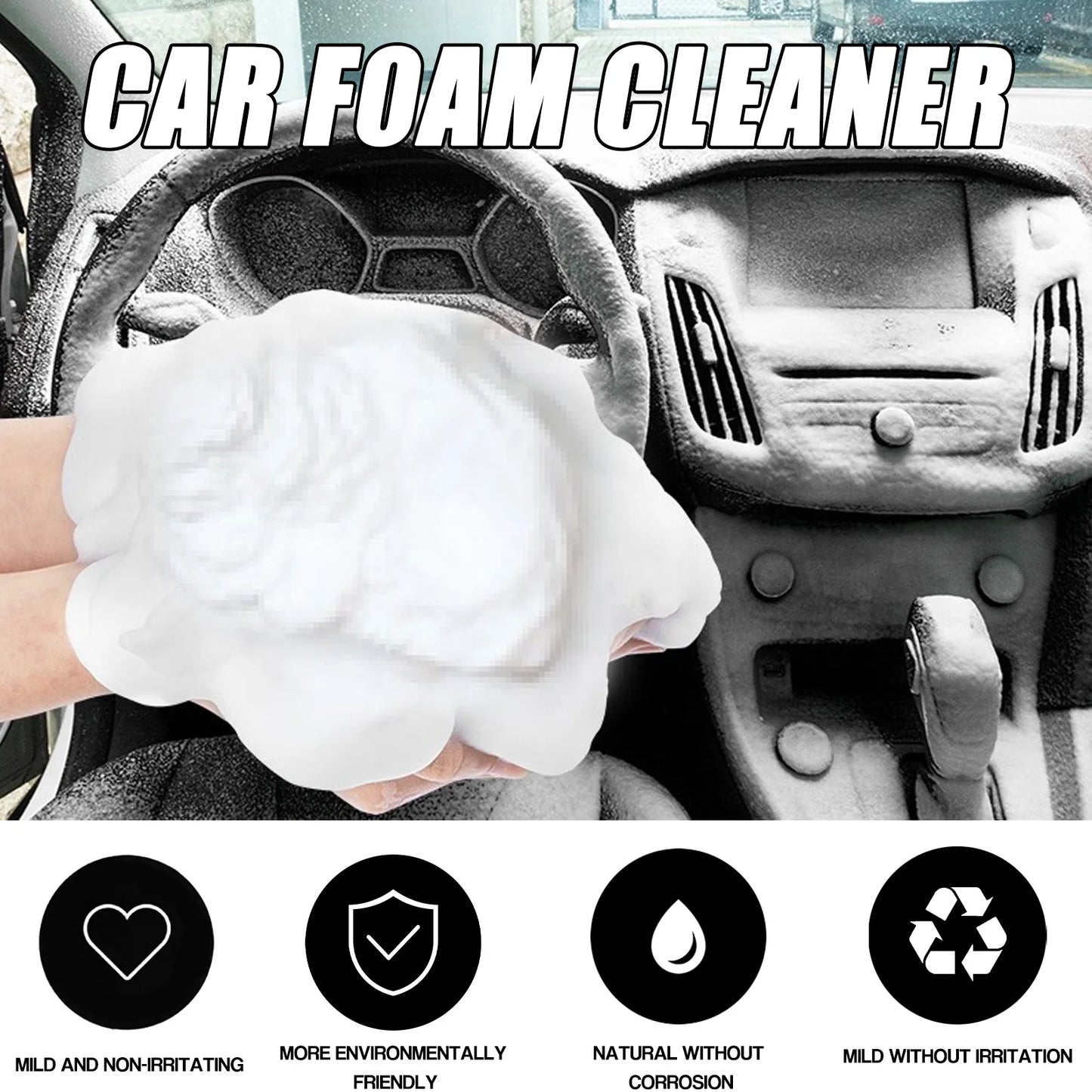 Powerful Car Interior Cleaner Foam Spray - No Rinse Upholstery Cleaner for Seats Dashboard Stain Remover with Sponge Deep Clean