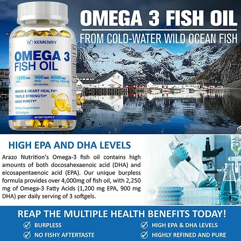 Omega-3 Fish Oil Soft Gels Omega 3 with EPA & DHA Helps Brain Development & Cardiovascular Health for Man and Woman
