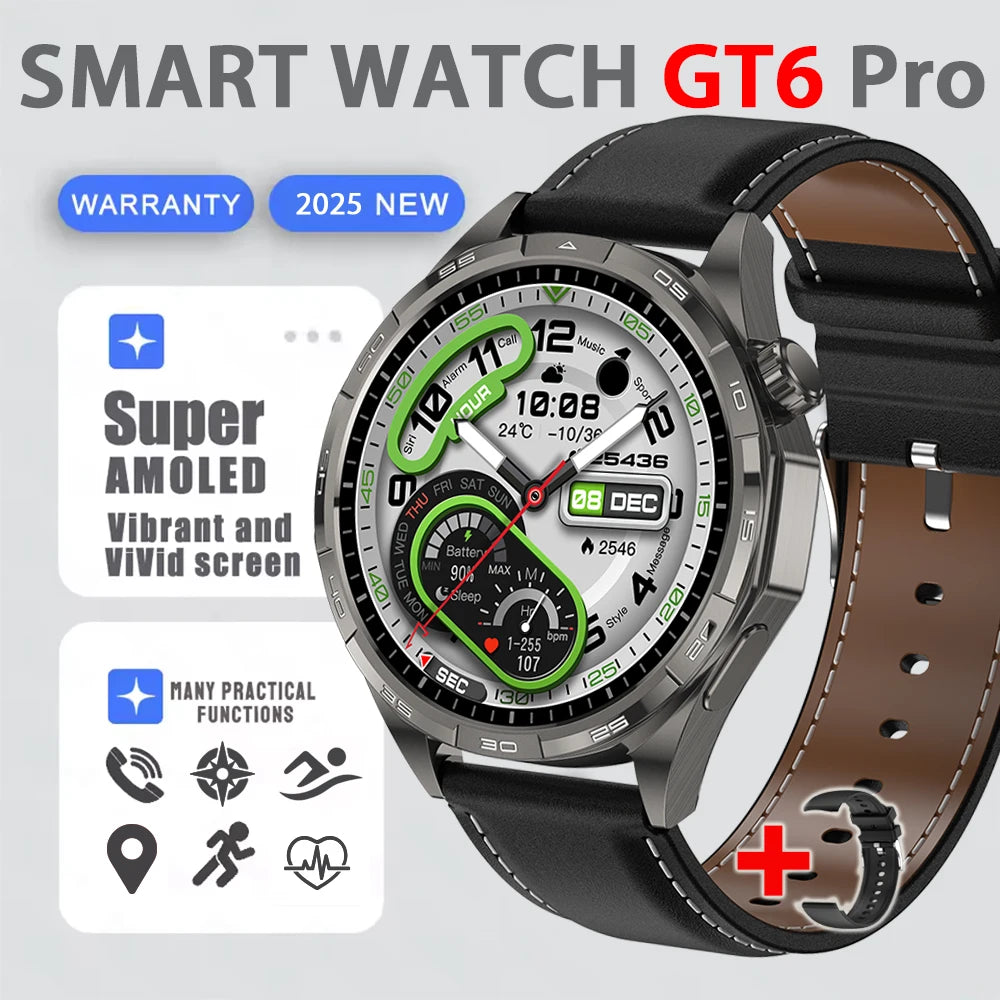 2025 New Watch 6 GT Series Smart Watch Men AMOLED Screen Heart Rate Health Monitoring Bluetooth Call Business Smartwatch Man