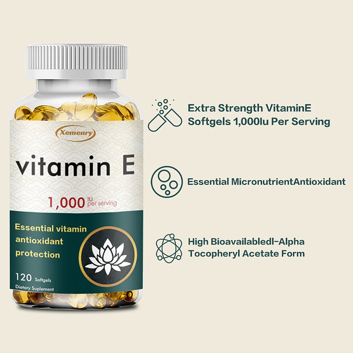 Vitamin E 1000IU Capsules - for Antioxidant, Skin, Cellular Respiration and Cardiovascular Health Support - 120 Capsules